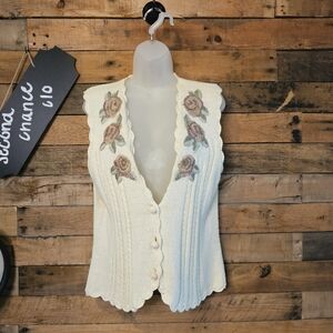 Jantzen Classic Women's Vintage Sweater Vest hand Embroidered  Cream Floral Sz L
